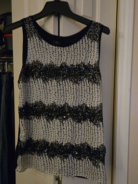 LOFT Black and White Beaded Sleeveless Shell
